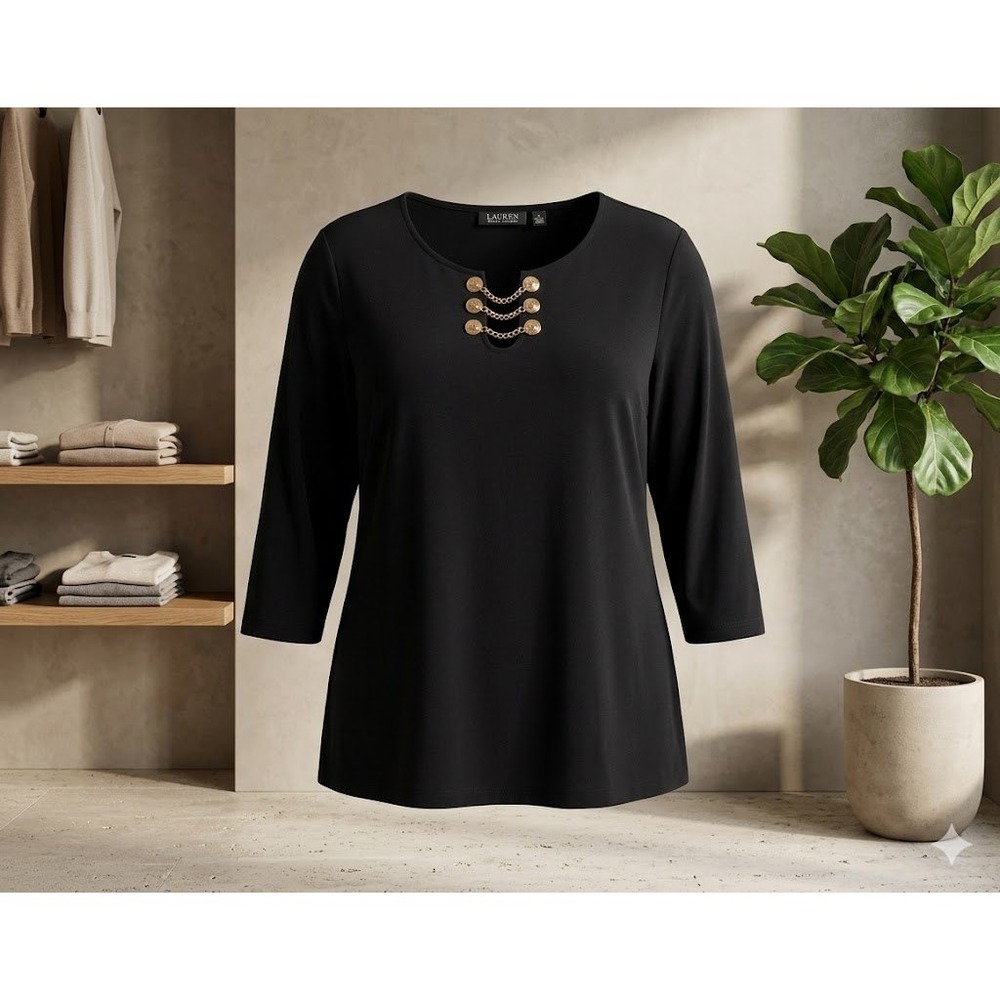 Susan Graver Black Long Sleeve Top Gold Chain Button Detail Size L
